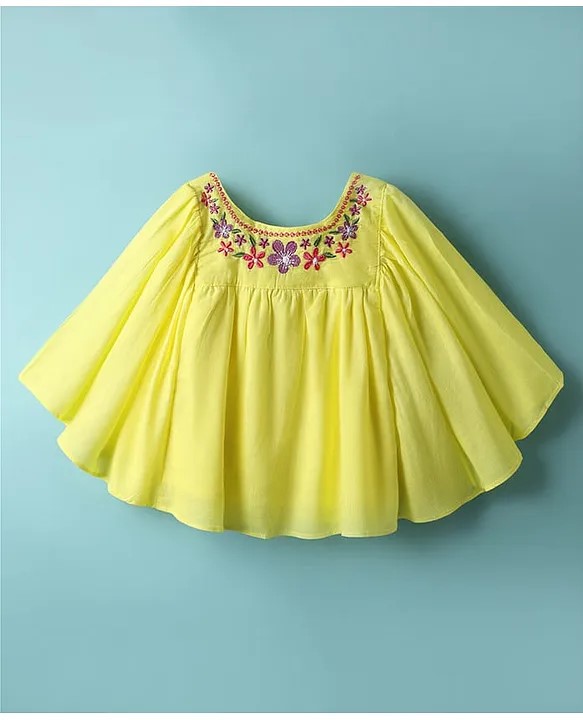 Babyhug Woven Full Sleeves Kaftan Style Top With Floral Embroidery - Yellow